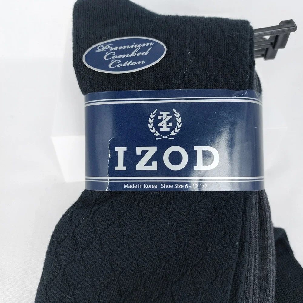 IZOD Mens Dress Socks 3-Pack Crew 2-Black 1-Gray Combed Cotton 6-12.5 New‎